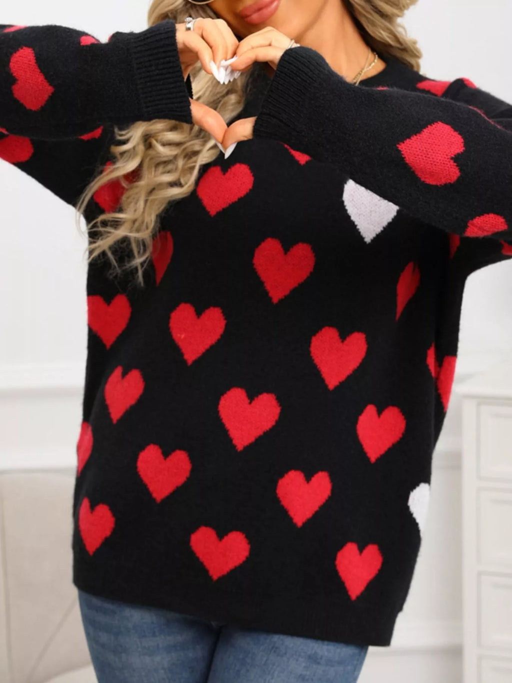Valentines Day Heart Crew Neck Sweater in White for Women