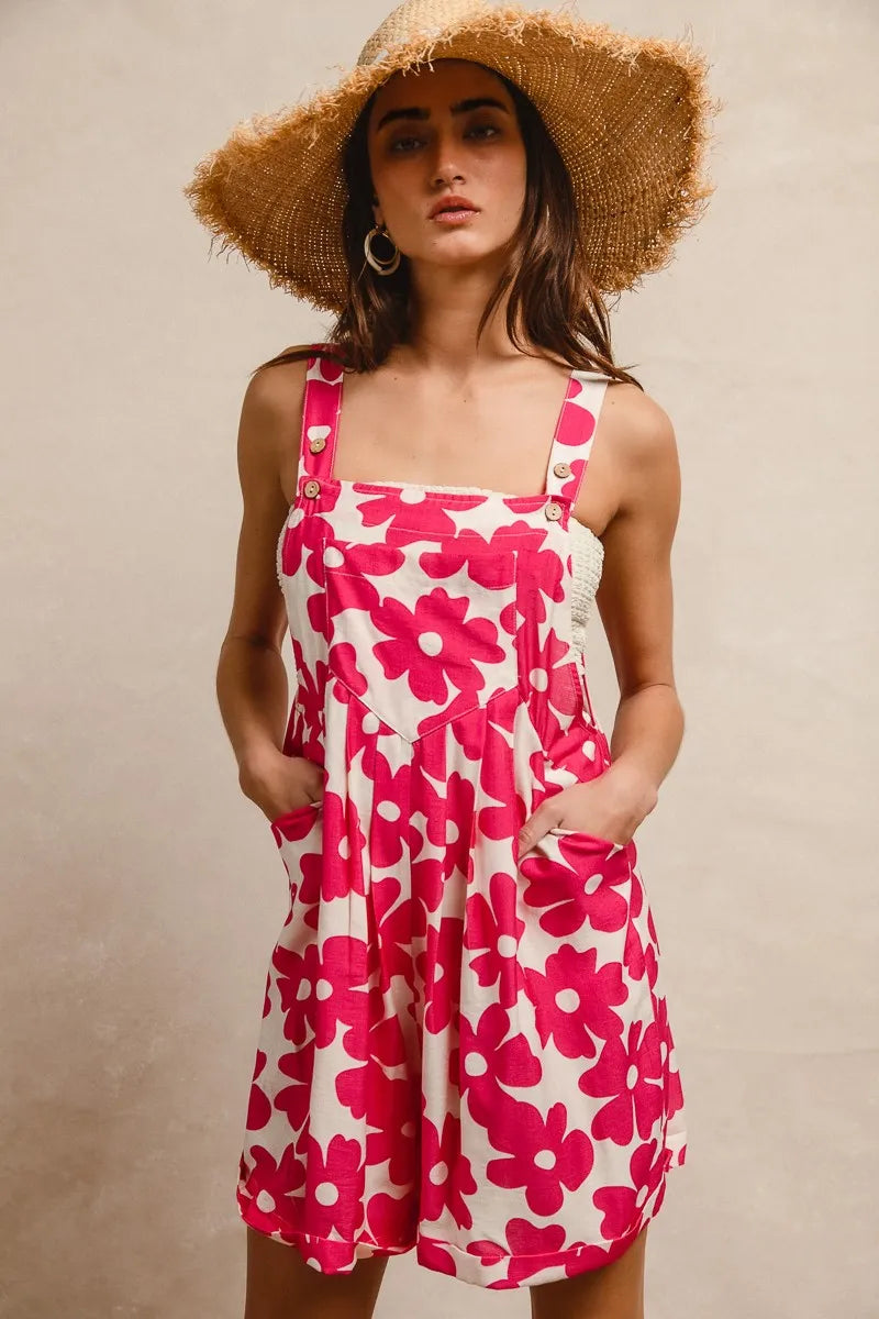 Floral Prints Tuck Detail Short Overall with Pockets in Fuchsia for Women