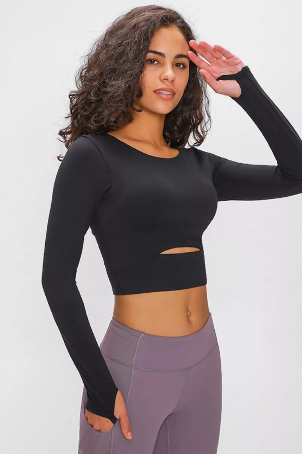 Long Sleeve Cropped Top with Sports Strap in Sage for Women