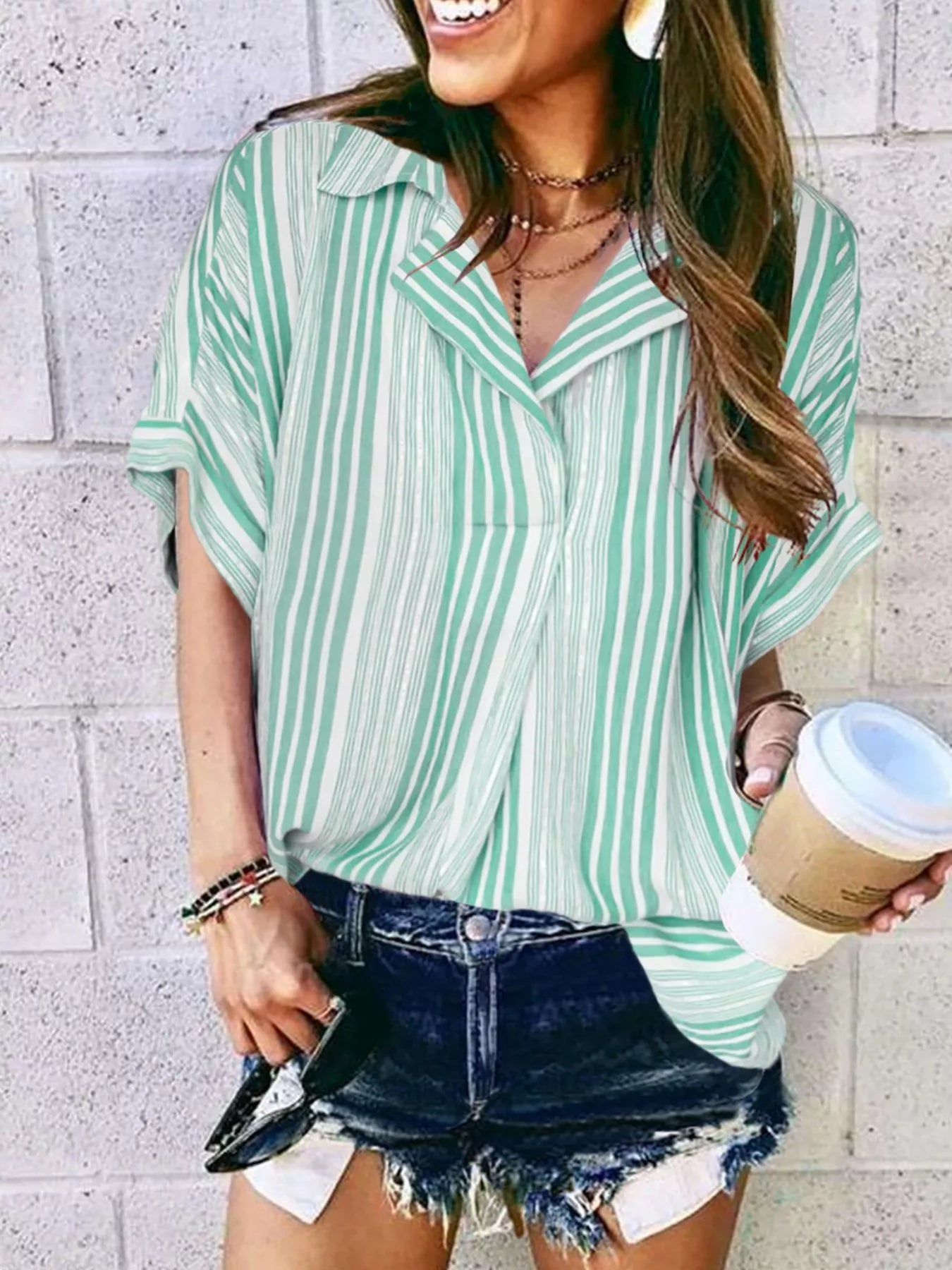 Collared Neck Half Sleeve Shirt Plus Size in Khaki Wave Point for Women