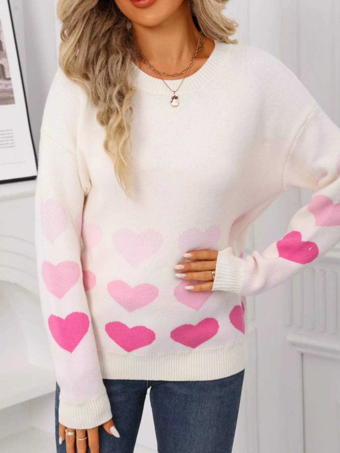 Valentines Day Heart Pattern Crew Neck Sweater in Apricot for Women
