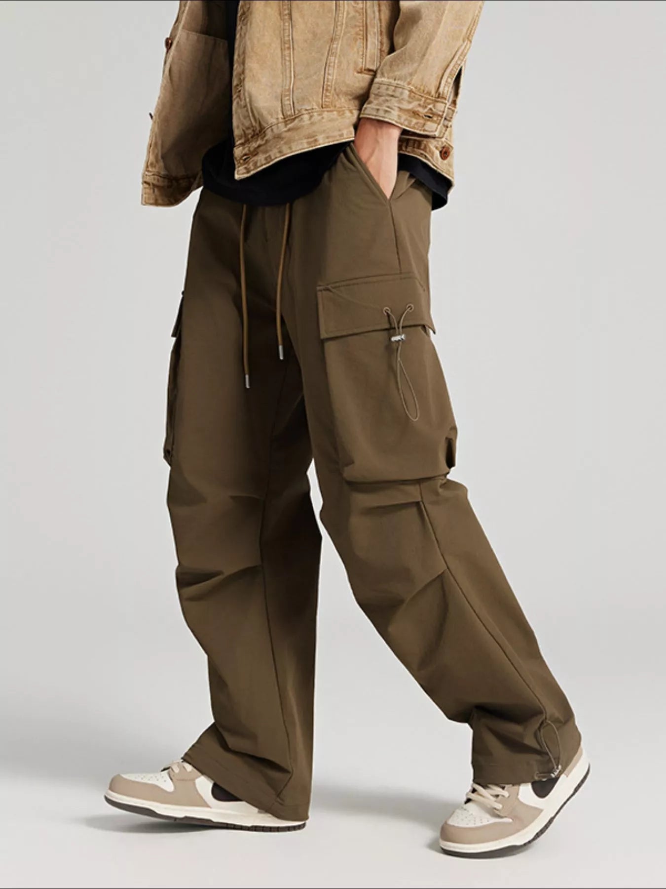 Wide Leg Pants with Cargo Pockets in Creamy-White for Men