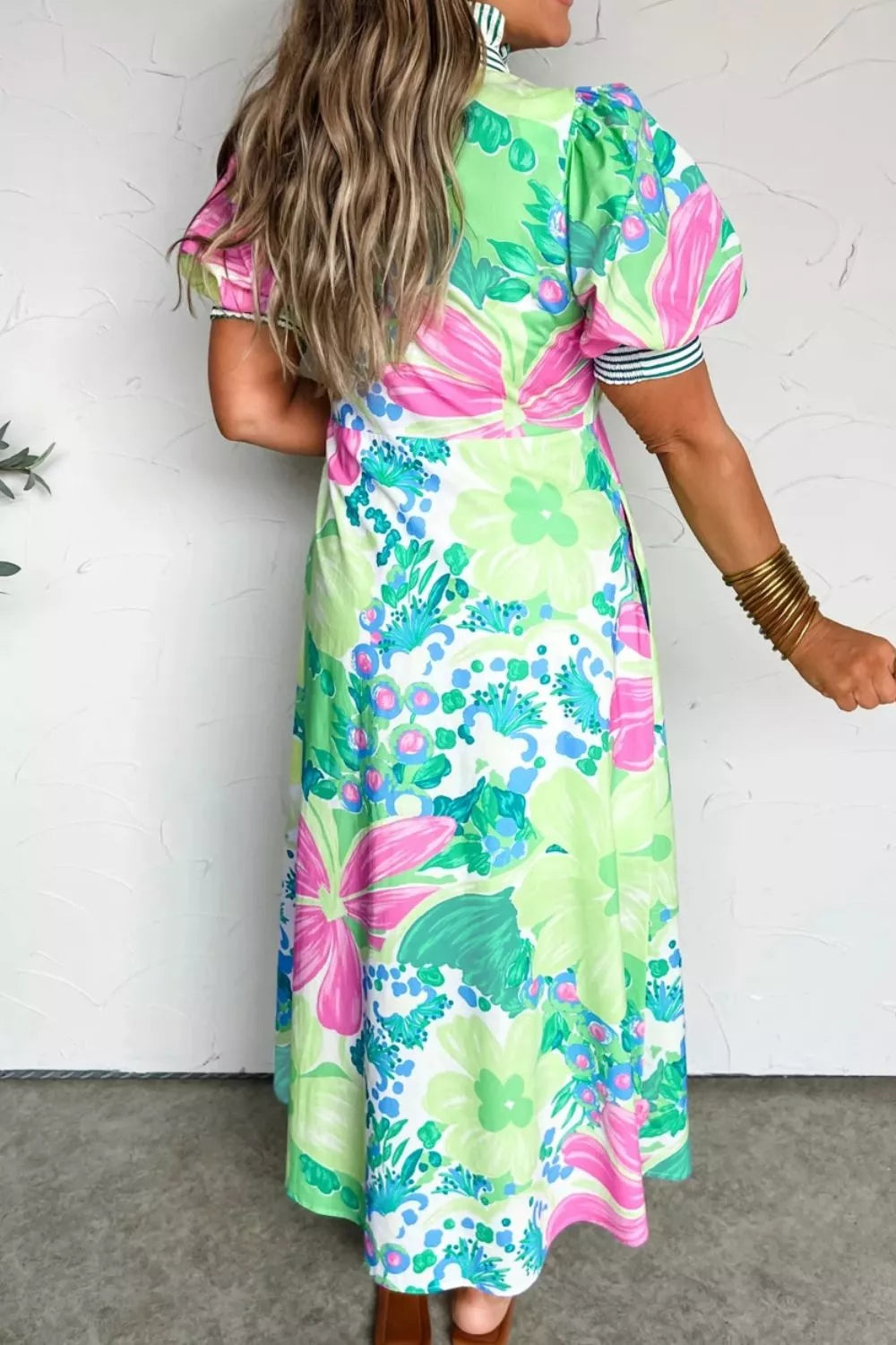 Floral Print Button-Up Midi Dress with Puff Sleeves for Women