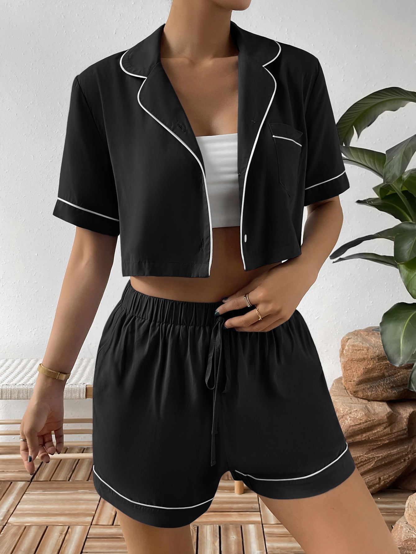 Ivy Lane Contrast Lapel Collar Cropped Shirt and Shorts Lounge Set in Red-Violet for Women