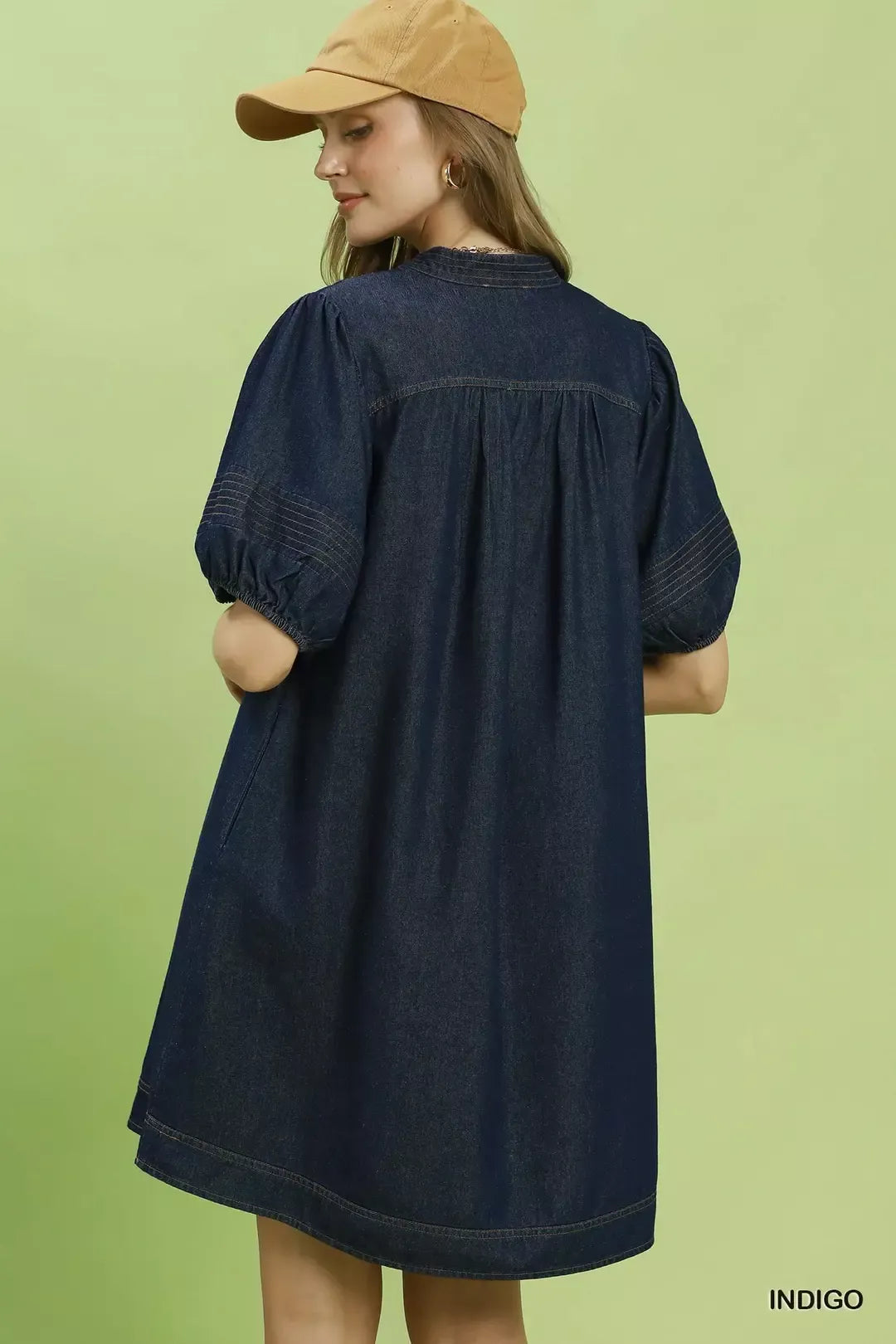 Notched Puff Sleeve Mini Dress with Pockets in Indigo for Women