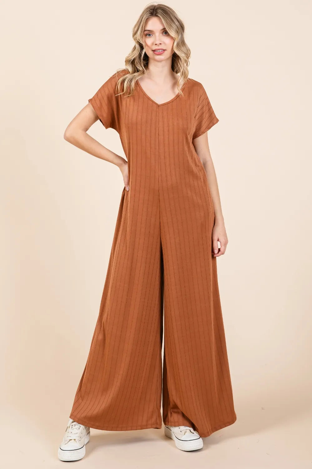 Bombom Ribbed Short Sleeve Wide Leg Jumpsuit in Camel for Women