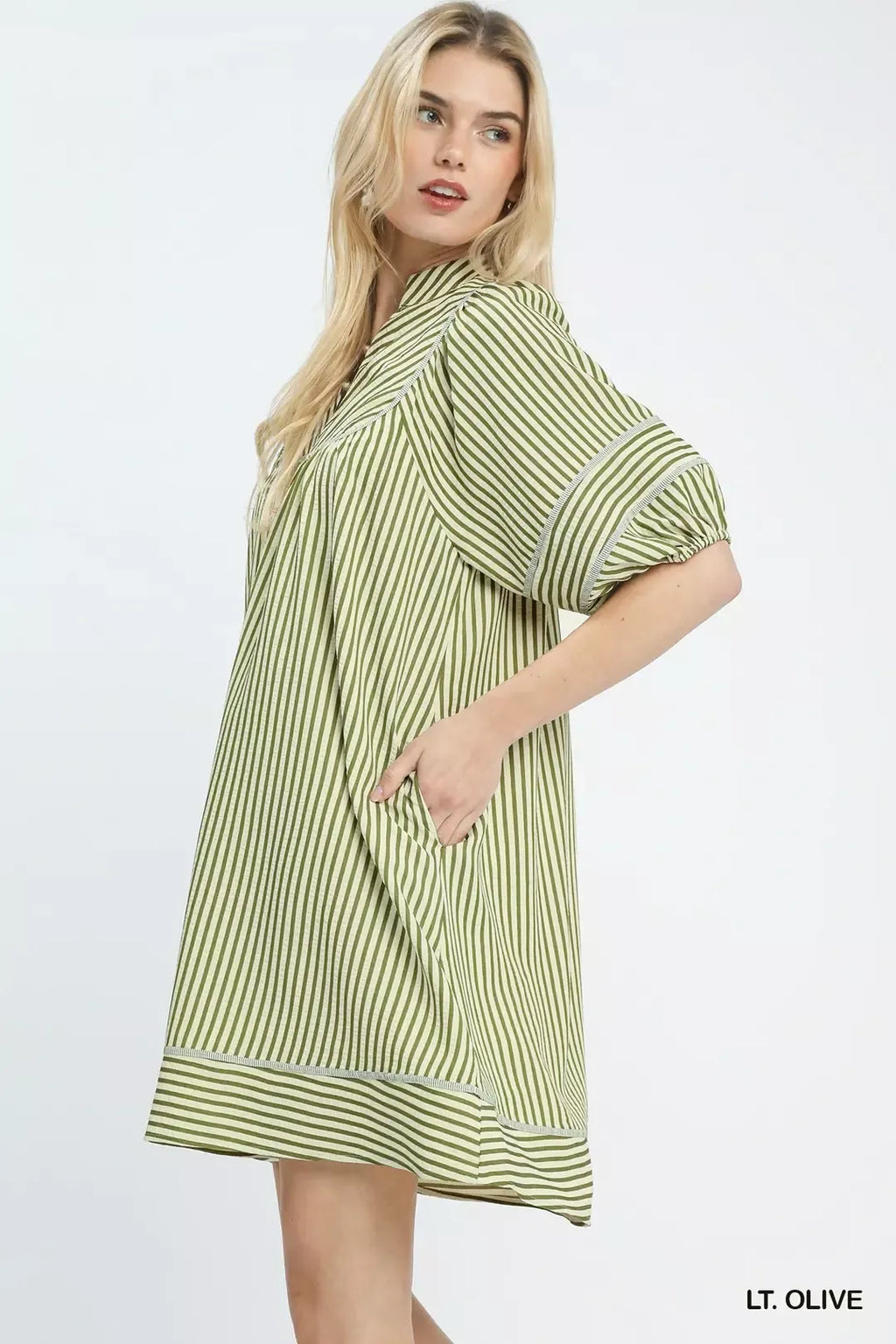 Striped Puff Sleeve Shift Dress in Light Olive for Women