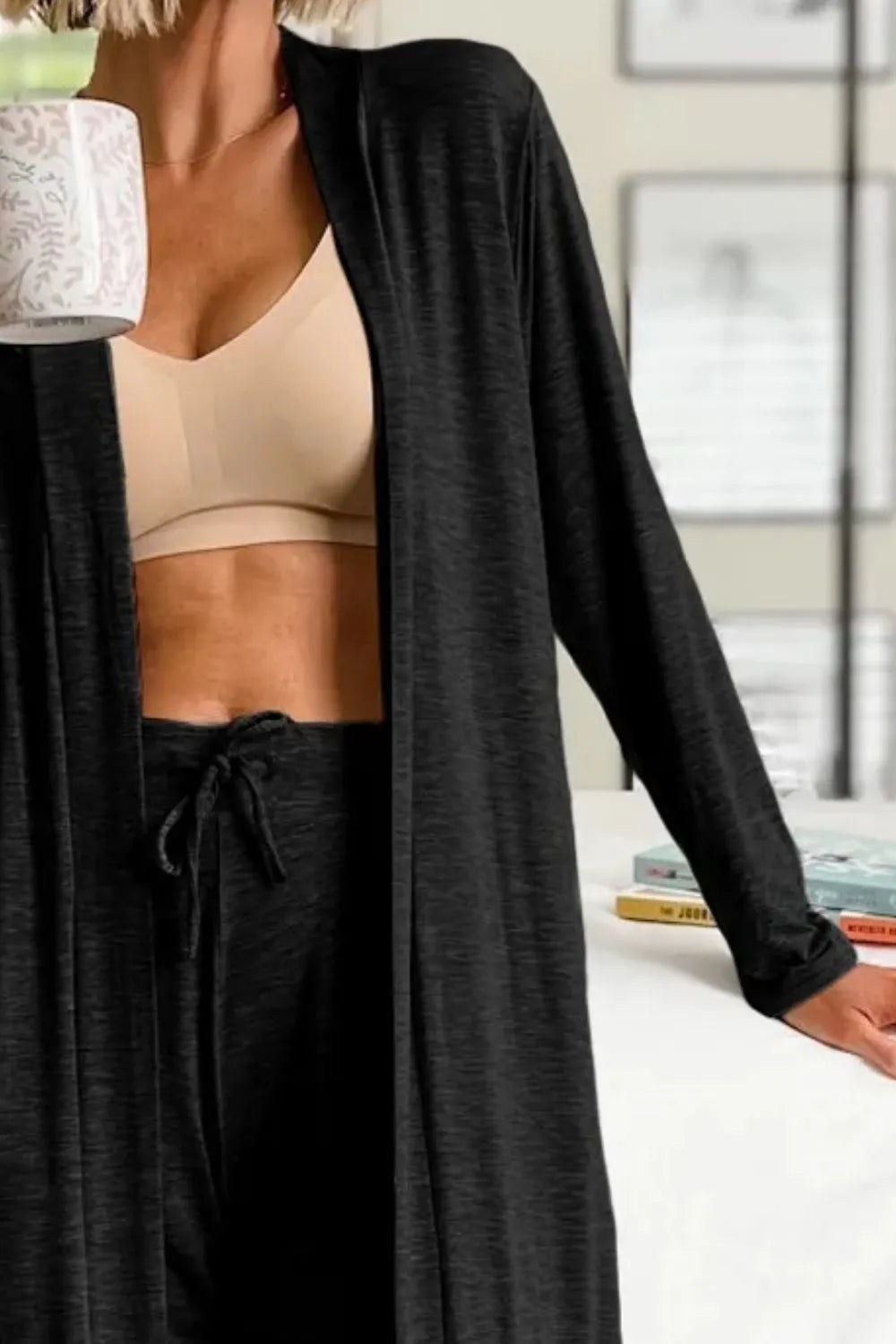 Open Front Long Sleeve Cardigan and Pants Lounge Set in Black for Women