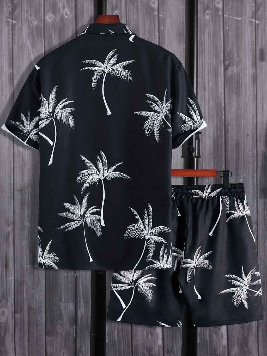 Palm Print Button Up Shirt and Shorts Set Plus Size in Black for Men