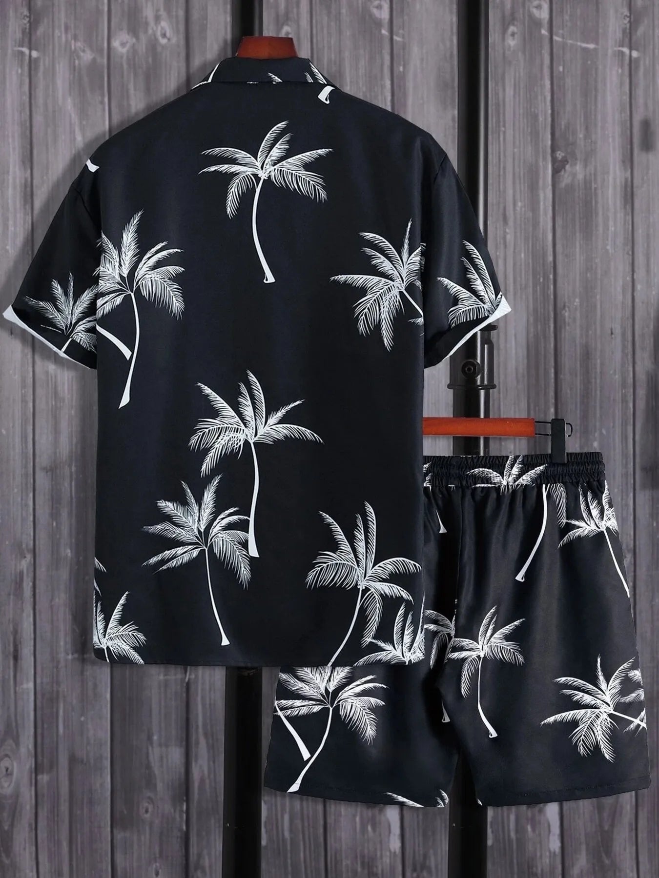 Palm Print Button Up Shirt and Shorts Set Plus Size in Black for Men