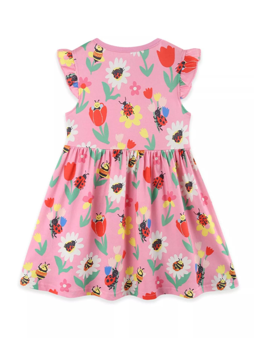Floral & Insect Print Ruffle Sleeve Casual Dress in Multicolor for Girls