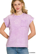 Crinkle Washed Round Neck Folded Short Sleeve Tee Plus Size in Lavender for Women