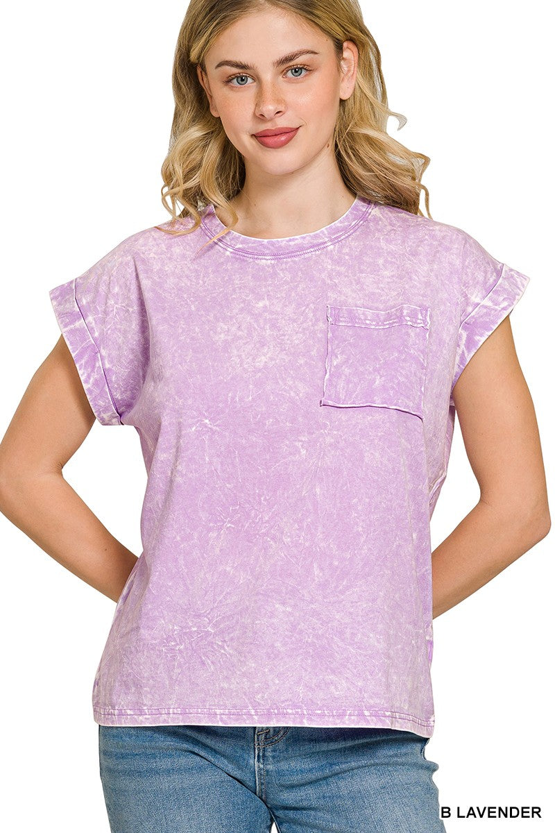 Crinkle Washed Round Neck Folded Short Sleeve Tee Plus Size in Lavender for Women