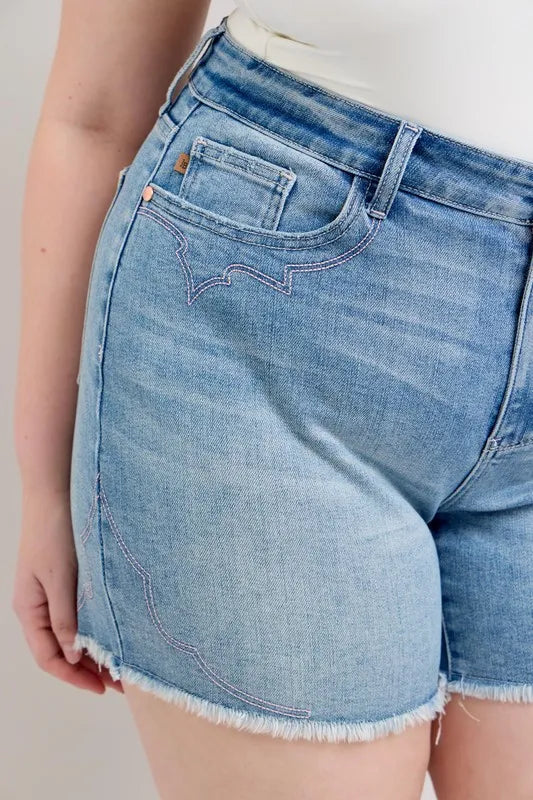 High Waist Western Embroidery Detail Cut Off Denim Shorts Plus Size for Women