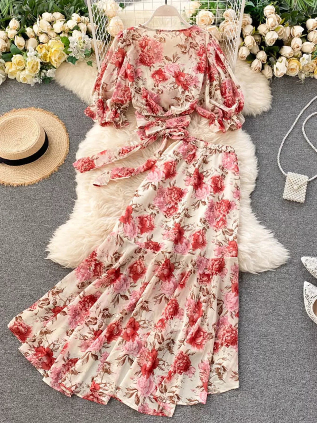 Floral Print Crop Top and Skirt Set for Women