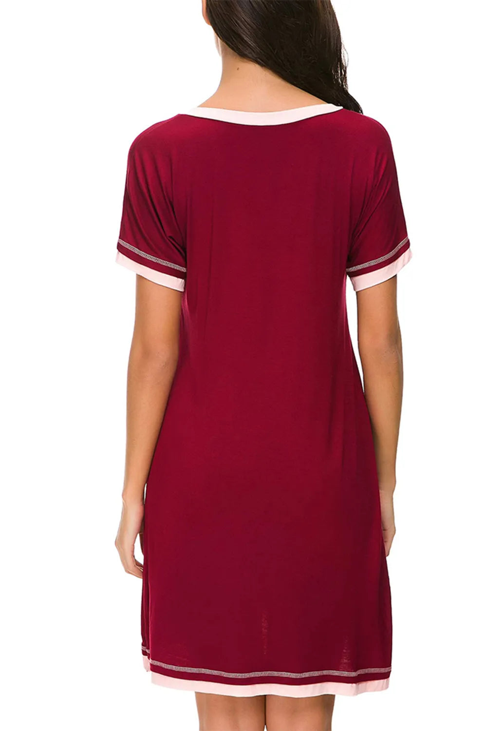 Contrast Trim Short Sleeve Lounge Dress in Dark Gray for Women