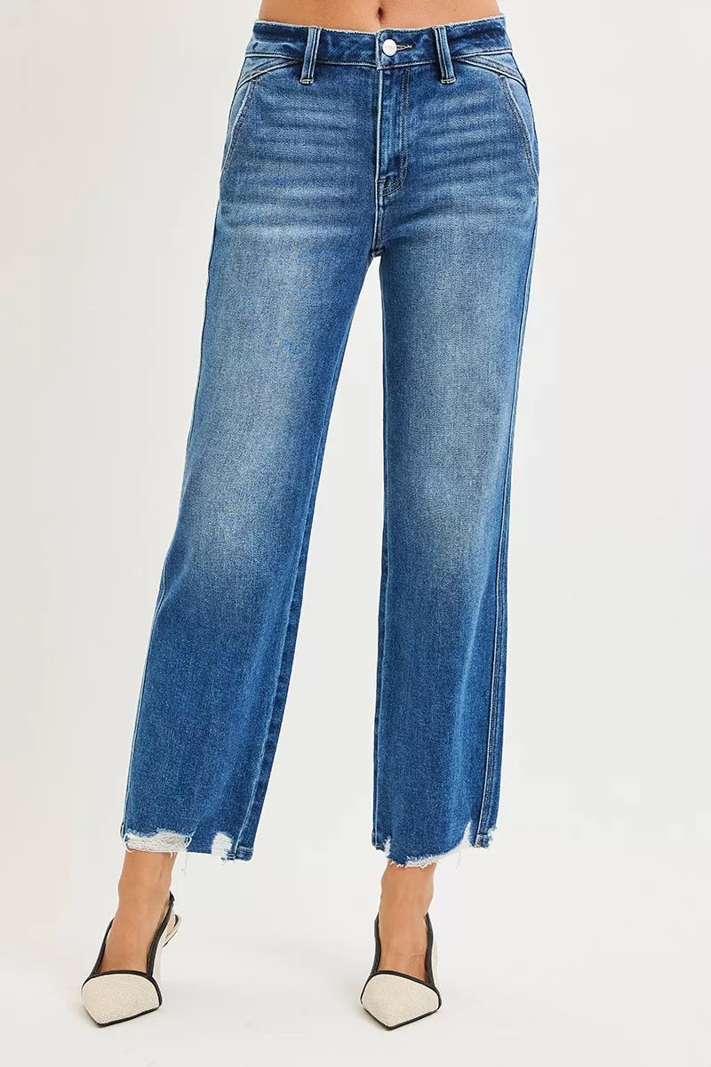 High Rise Ankle Straight Distressed Hem Detail Jeans in Dark for Women