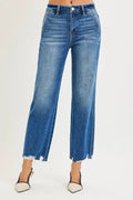 High Rise Ankle Straight Distressed Hem Detail Jeans in Dark for Women