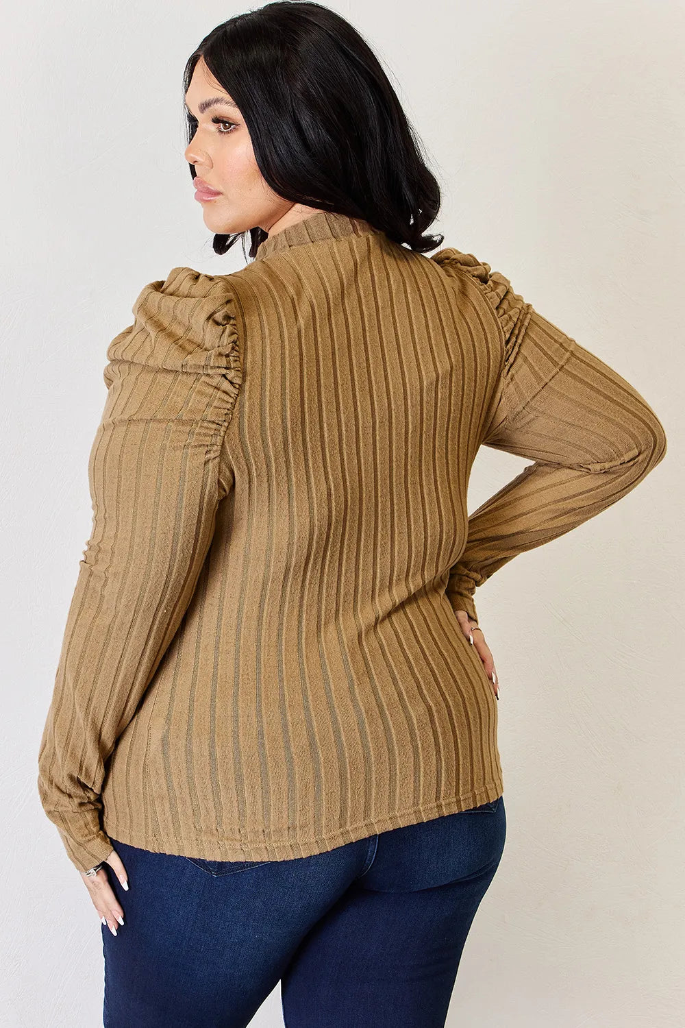 Plus Size Ribbed Mock Neck Puff Sleeve T-Shirt for Women