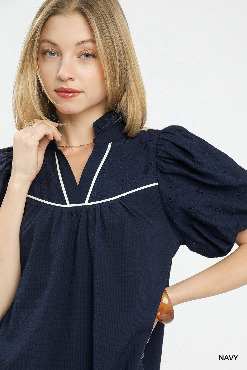 Puff Sleeve Textured Babydoll Dress in Navy for Women