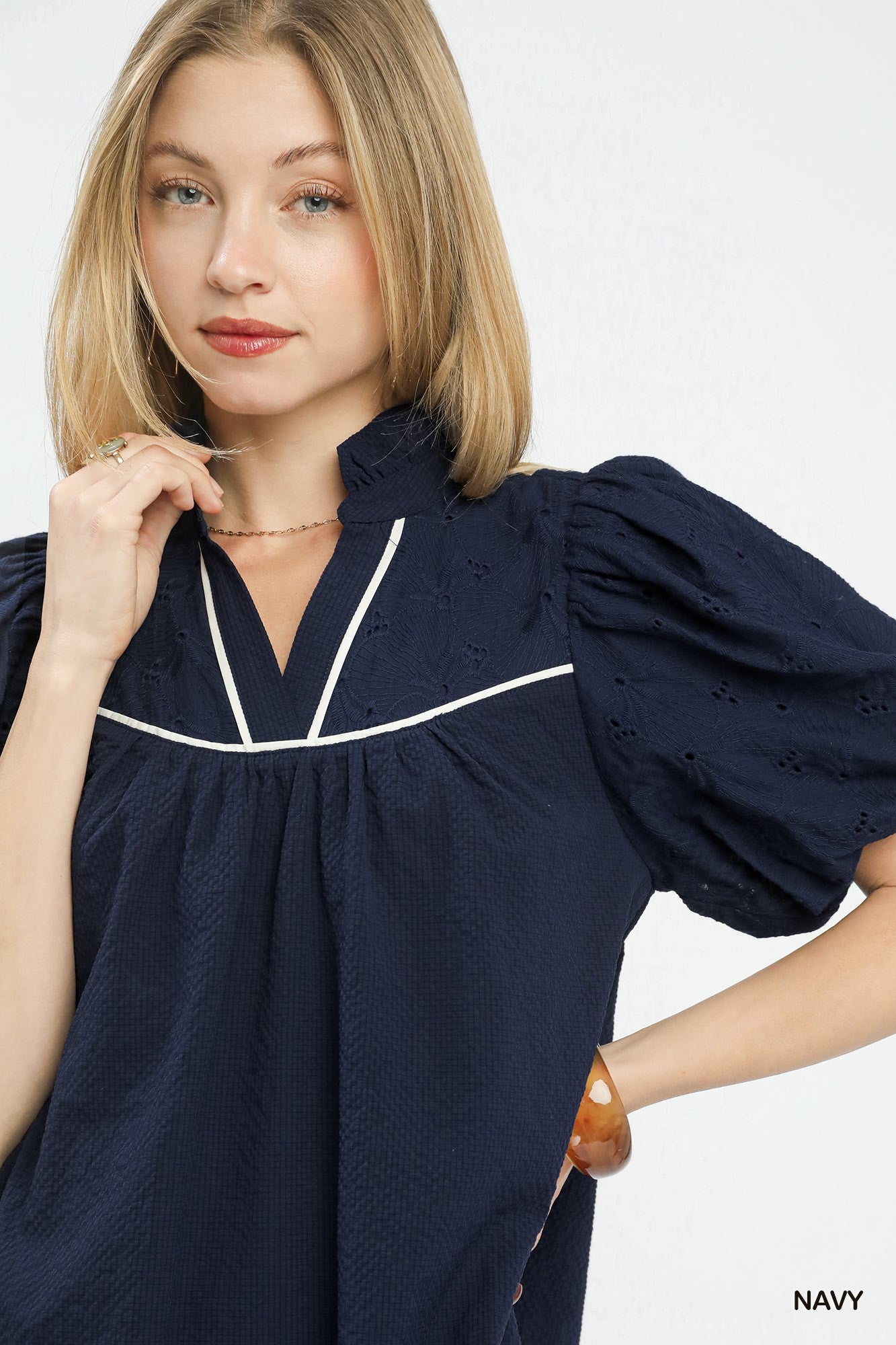 Puff Sleeve Textured Babydoll Dress in Navy for Women