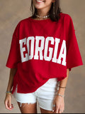 Georgie Letter Raw Seam Drop Shoulder Loose Tee in Deep Red for Women