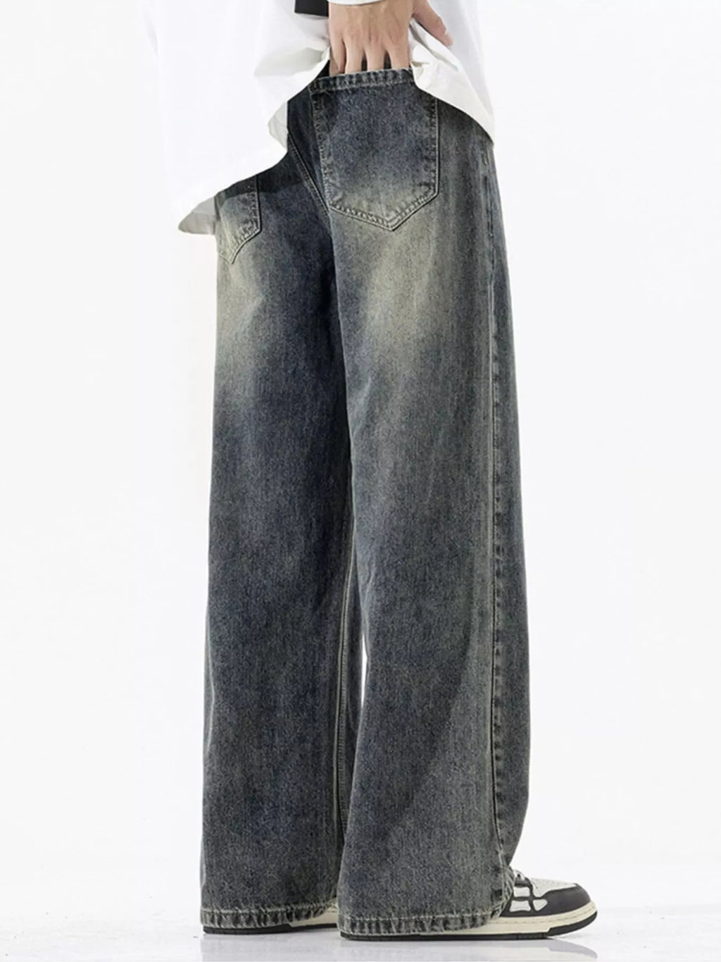 Vintage Wash Wide Leg Jeans Plus Size in Ash for Men