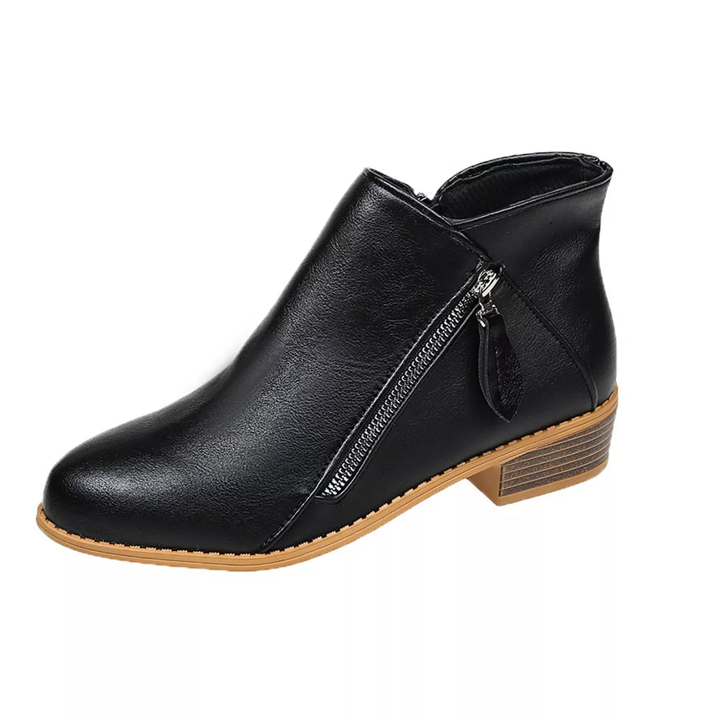 Size Zipper Block Heels Boots in Black for Women