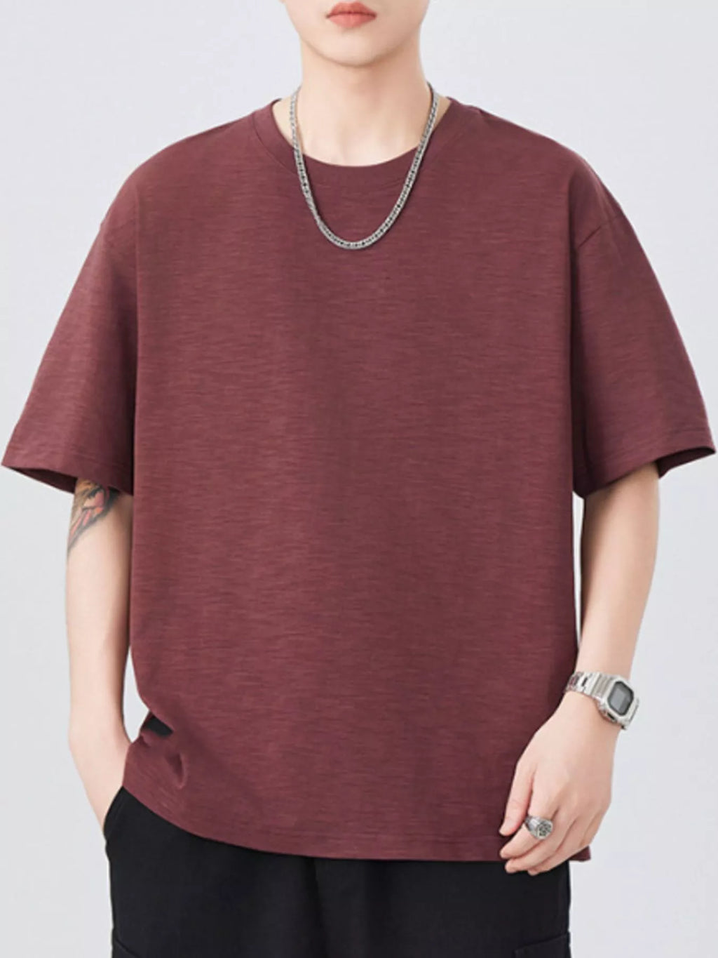 Plus Size Round Neck Half Sleeve T-Shirt in White in Khaki for Men