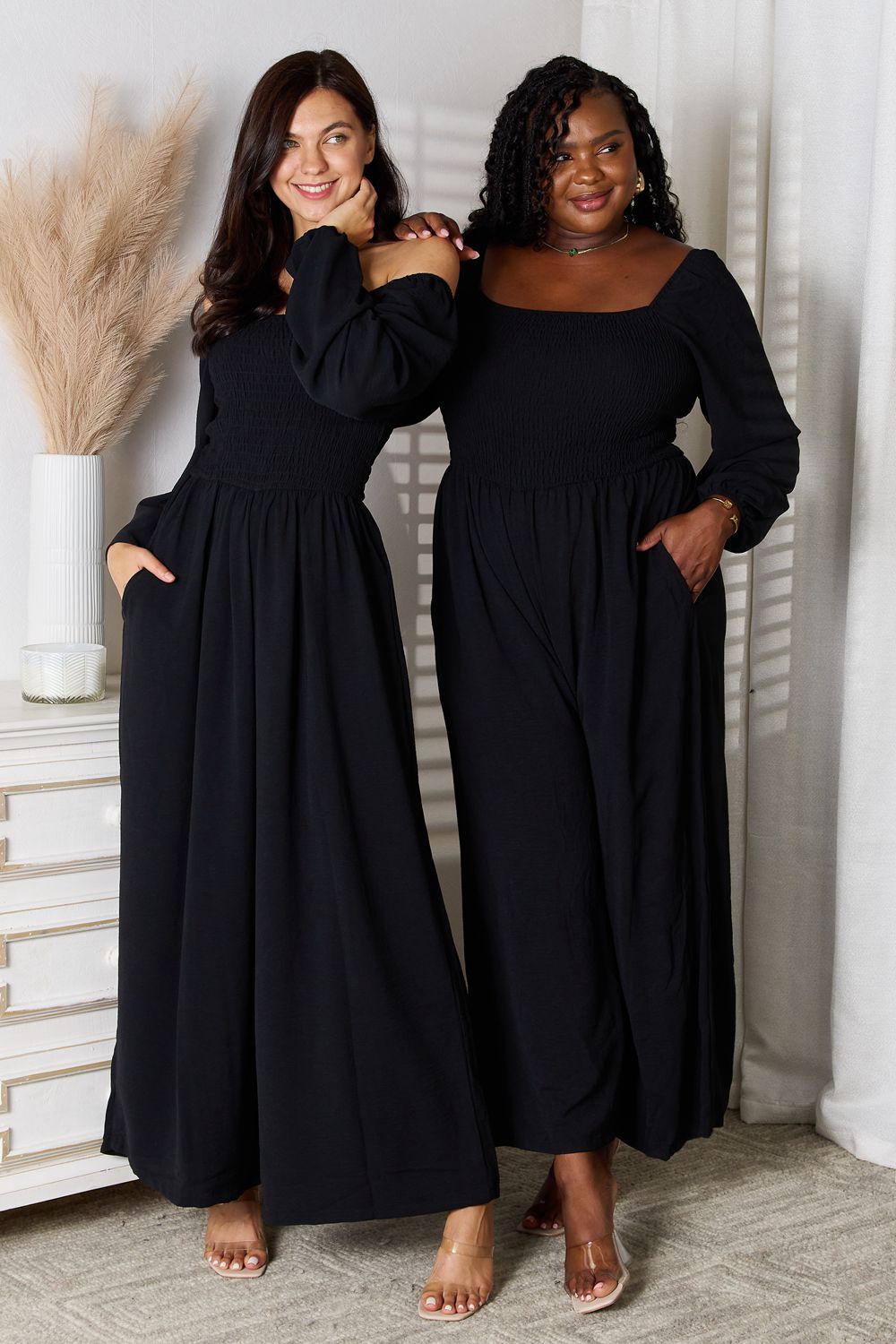 Square Neck Jumpsuit with Pockets in Black for Women