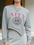 Graphic Round Neck Cropped Sweatshirt in Light Gray for Women
