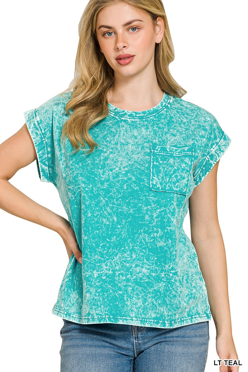 Crinkle Washed Round Neck Folded Short Sleeve Tee Plus Size in Light Teal for Women