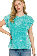Crinkle Washed Round Neck Folded Short Sleeve Tee Plus Size in Light Teal for Women