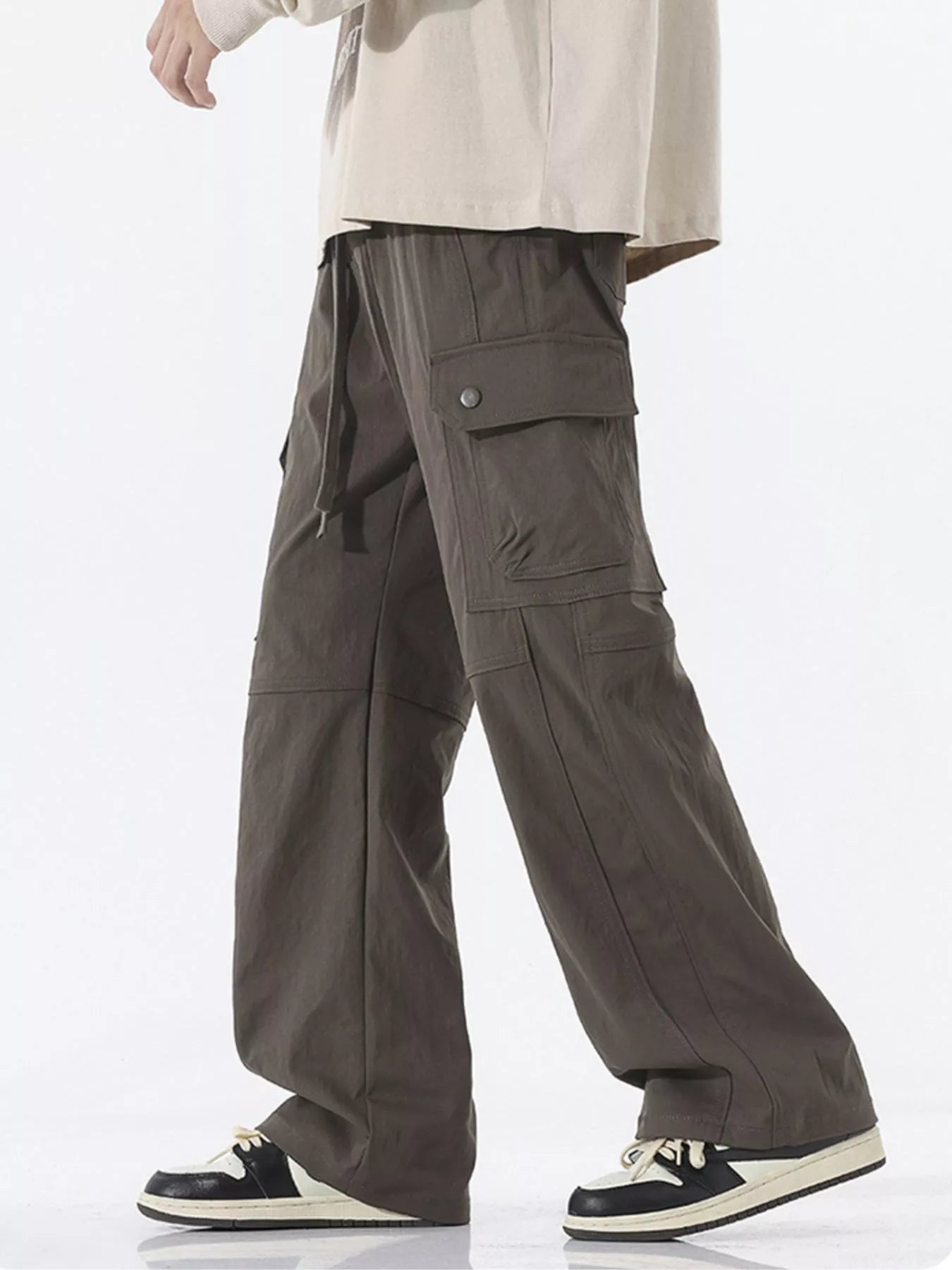 Drawstring Cargo Wide Leg Pants Plus Size in Black for Men