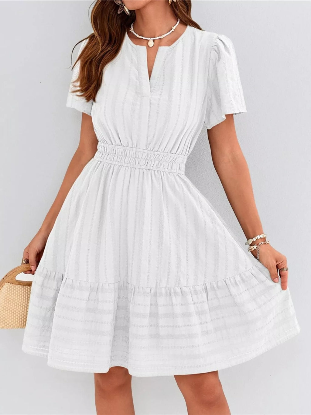Short Sleeve Smocked Waist Tiered Dress in Light Green for Women