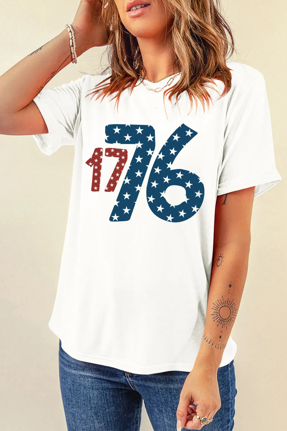 1776 Round Neck Short Sleeve T-Shirt in White for Women