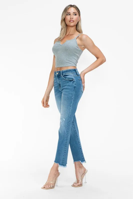 Raw Hem Distressed Mid Rise Crop Jeans in Medium for Women