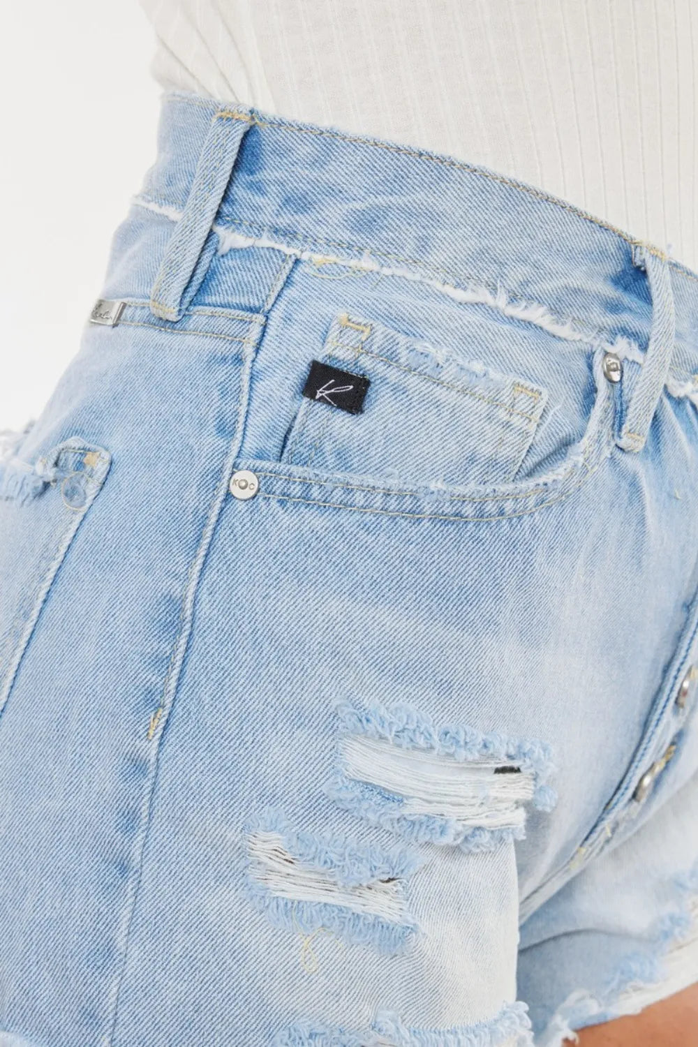 Distressed Button Fly Denim Shorts in Medium for Women