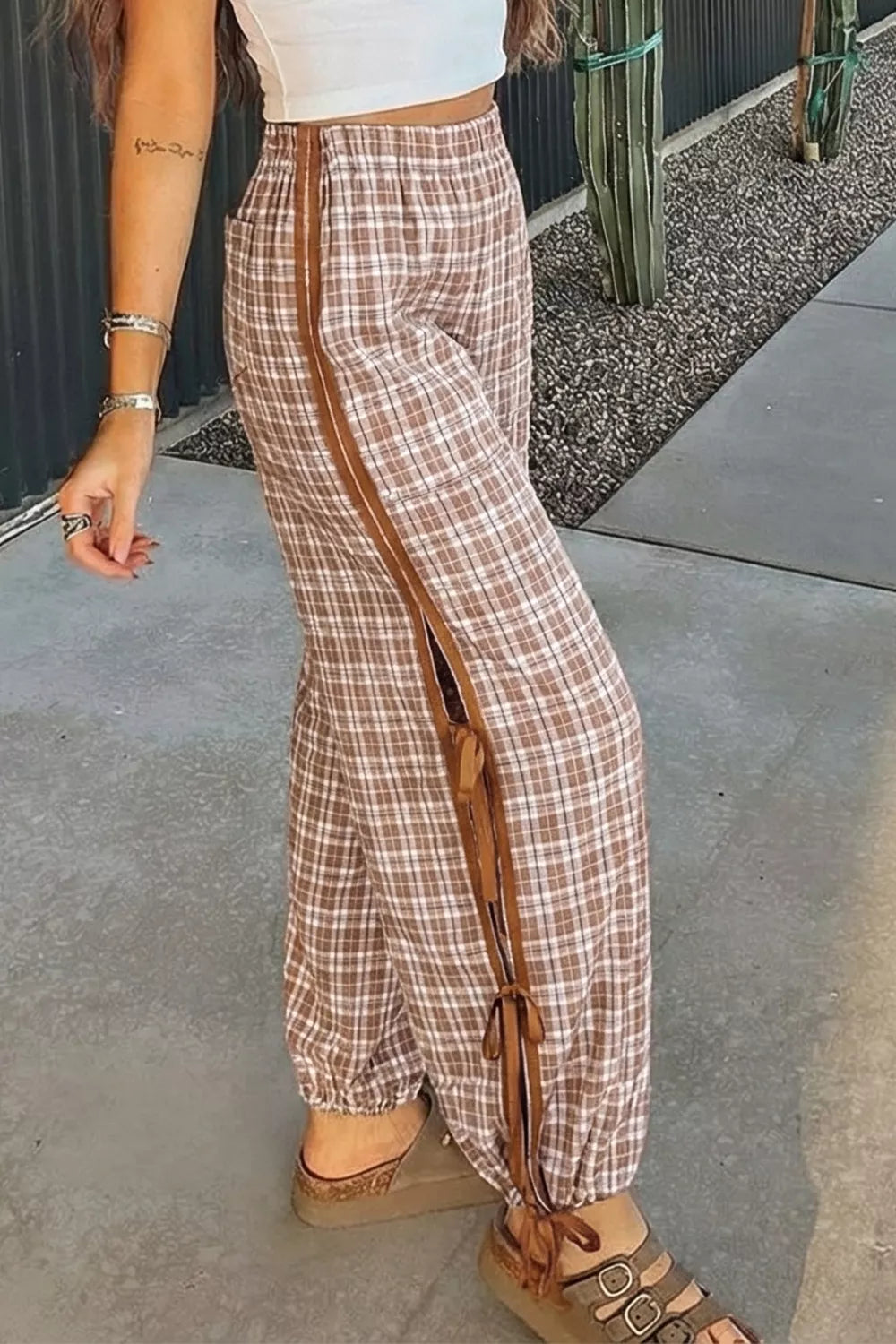 Plaid Print Tie Detail Casual Pants in Camel for Women