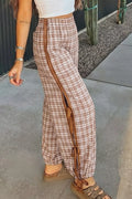 Plaid Print Tie Detail Casual Pants in Camel for Women
