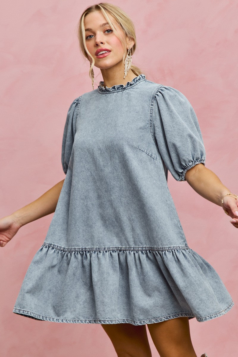 Denim Short Sleeves Mini Tiered Dress for Women