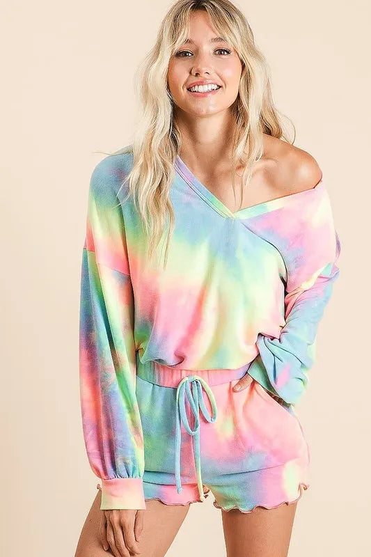 Tie Dye French Terry Top and Shorts Set for Women