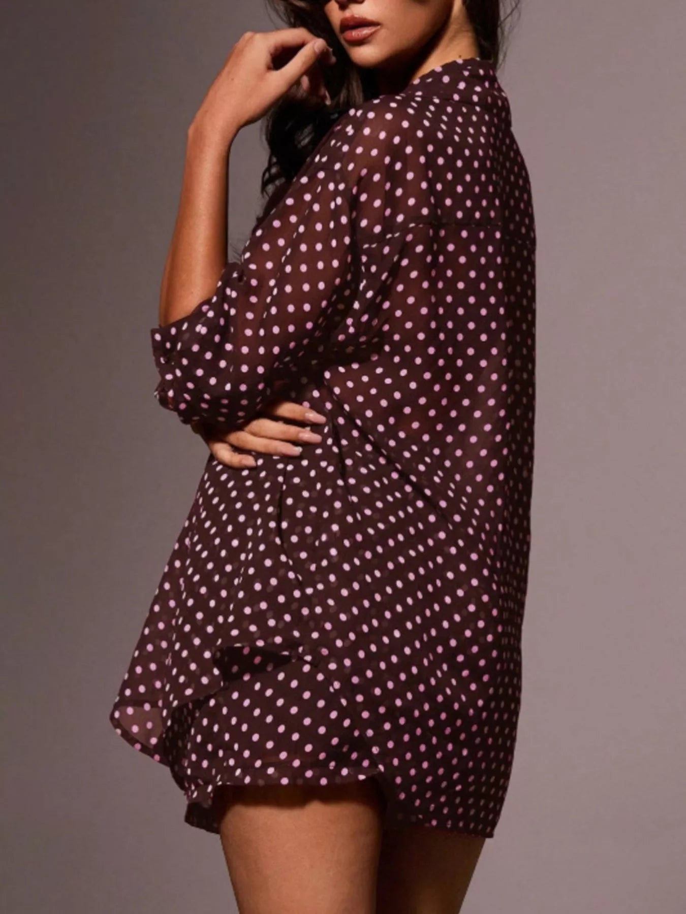 Polka Dot Button Up Shirt and Shorts Set in Burgundy for Women