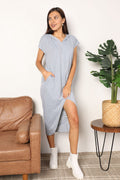 Perfee Short Sleeve Front Slit Hooded Dress in Light Gray for Women