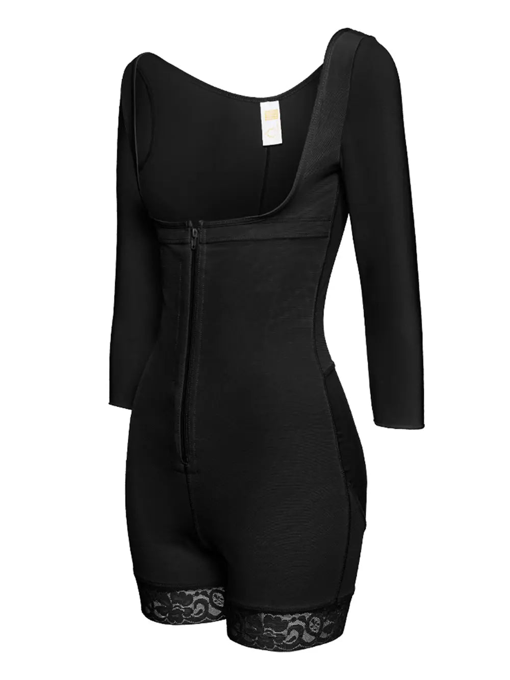 Plus Size Zip Up Lace Detail Long Sleeve Shapewear in Black for Women