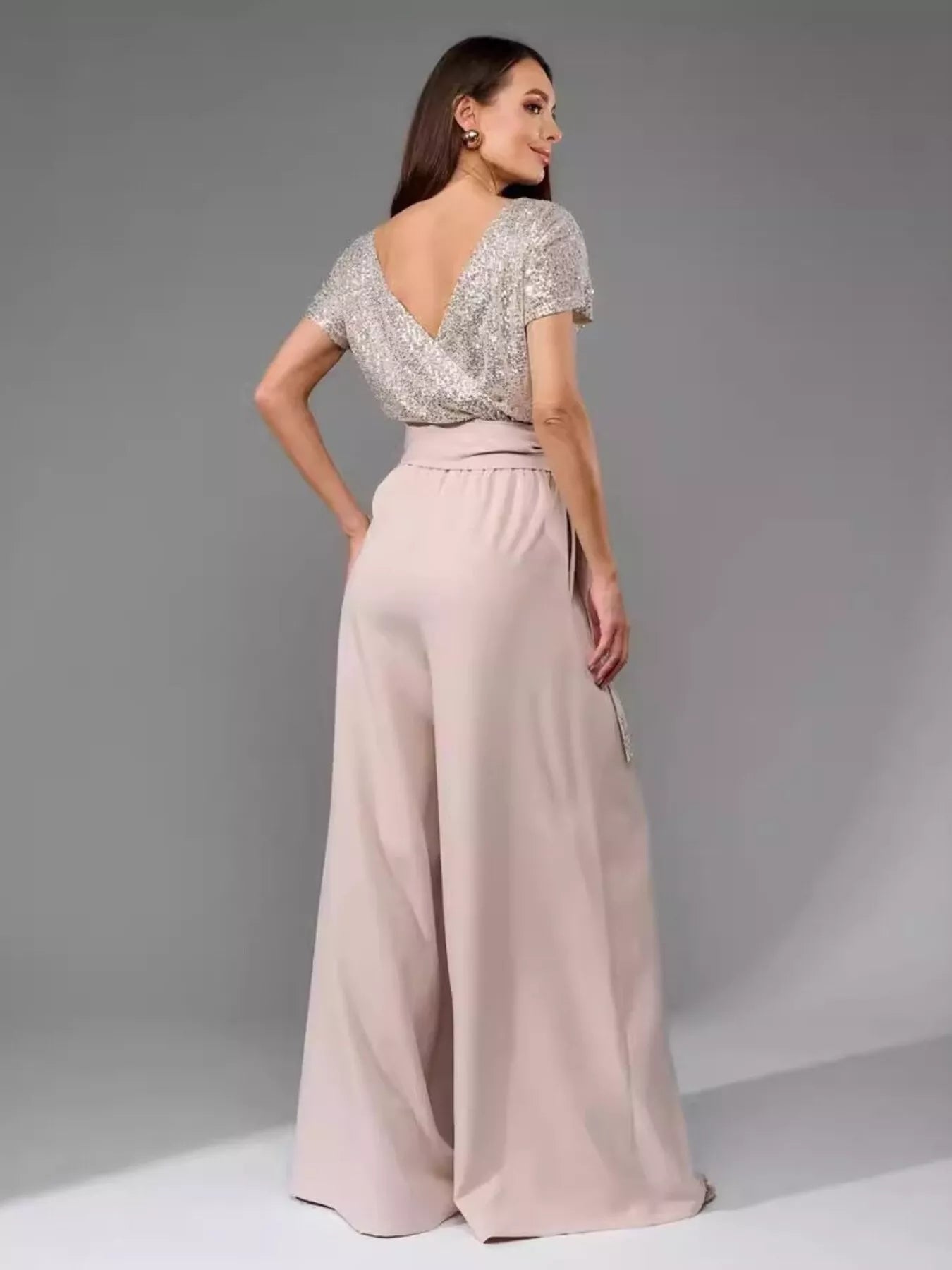 Plus Size Sequin Short Sleeve Wide Leg Jumpsuit in Apricot Silver for Women