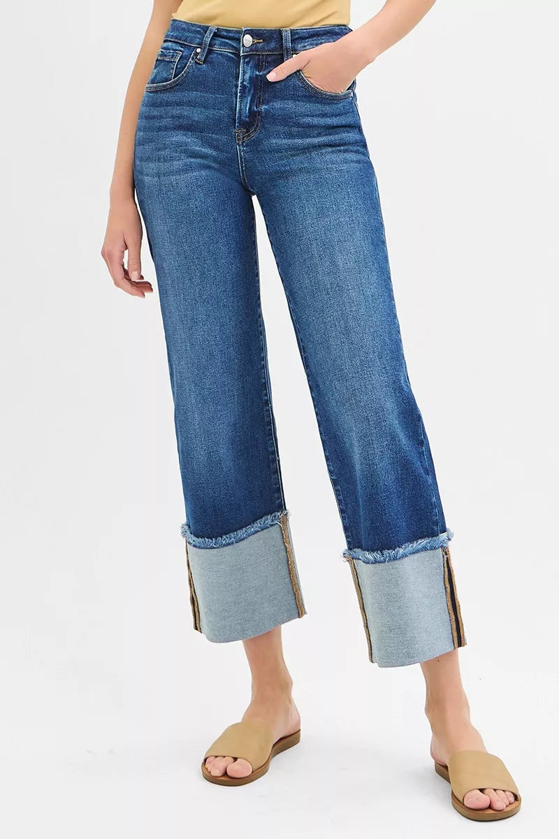 Mid Rise Crop Wide Wide Cuffed Jeans Plus Size in Dark for Women