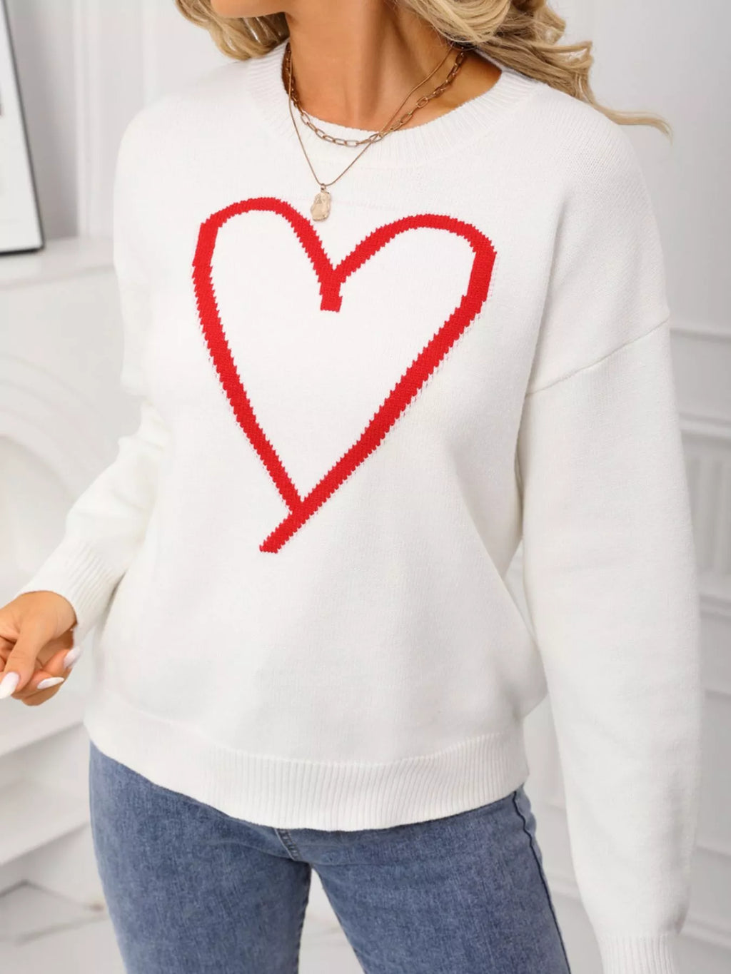 Valentines Day Heart Graphic Dropped Shoulder Sweater in White for Women