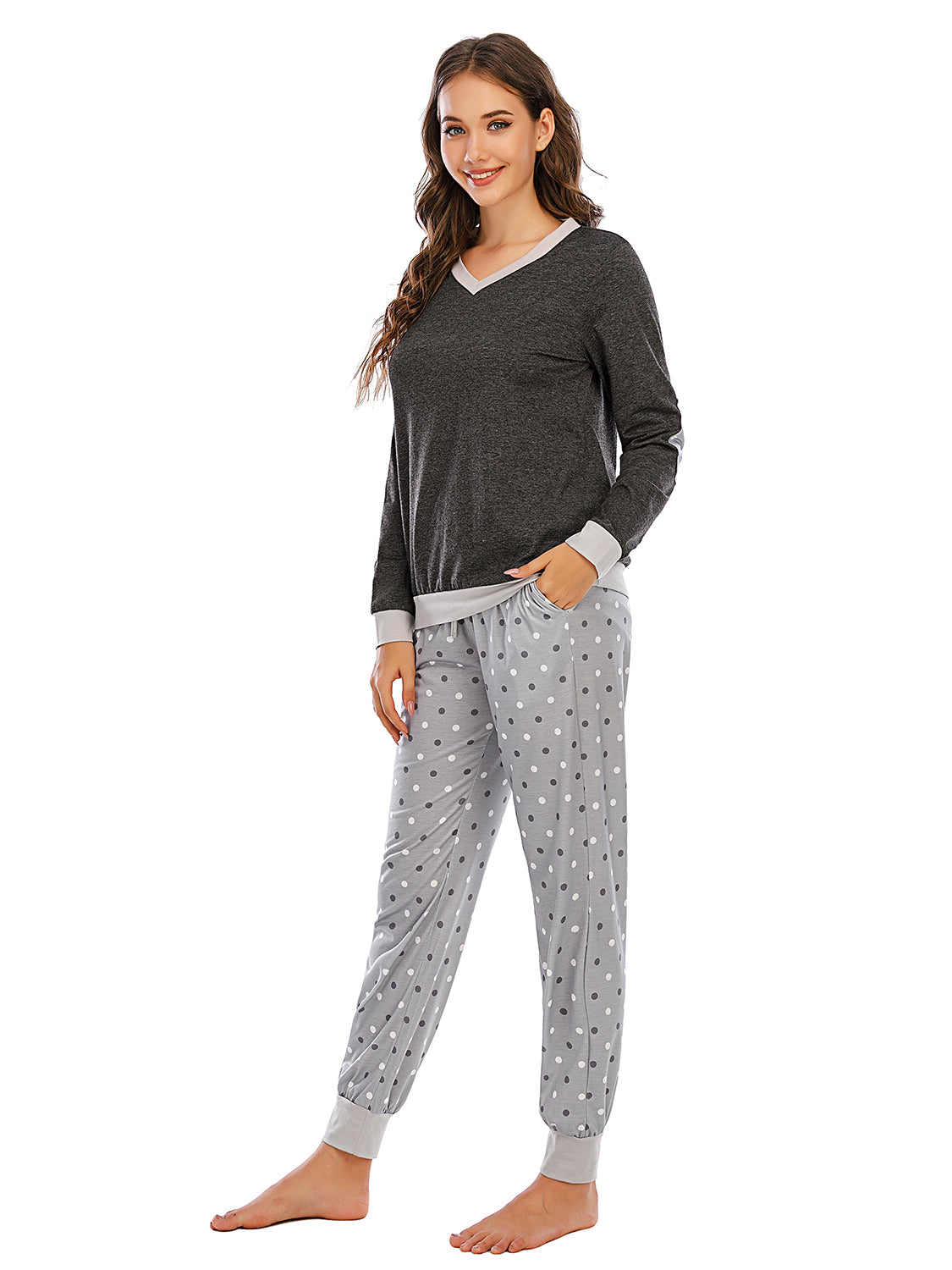 Long Sleeve Top and Polka Dot Pants Set in Black for Women