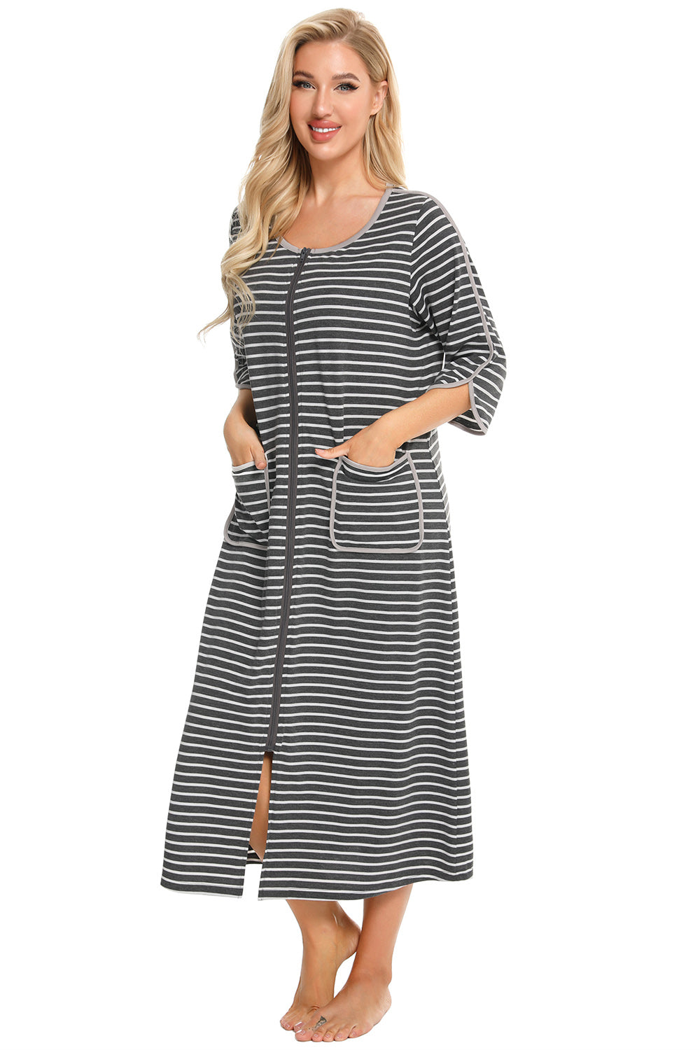 Round Neck Three-Quarter Sleeve Midi Night Dress in Deep Red for Women